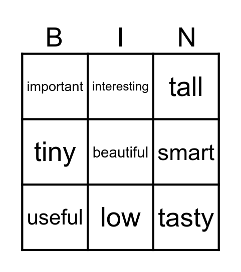 Adjectives Bingo Card