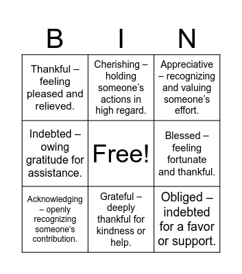 Gratitude Words Bingo Card