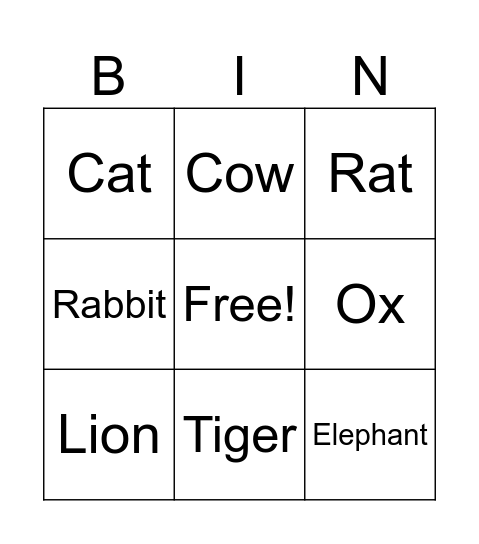 Animal Bingo Card
