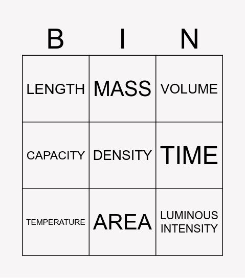 Physical Quantites Bingo Card