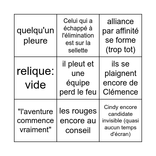 Koh-lanta episode 2 Bingo Card