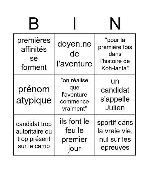 Koh-lanta episode 1 Bingo Card