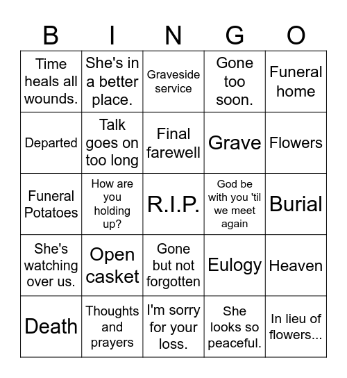 Funeral Bingo Card