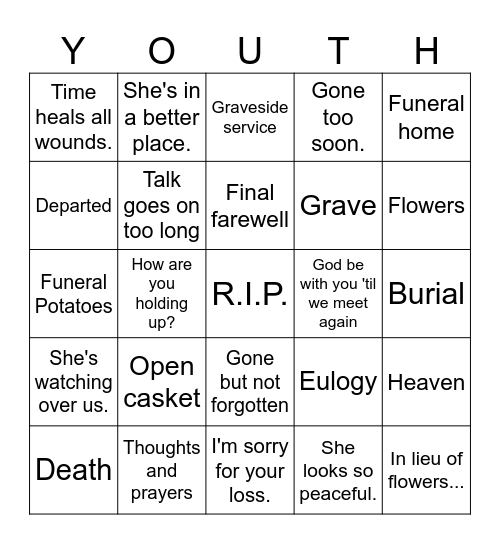 Funeral Bingo Card