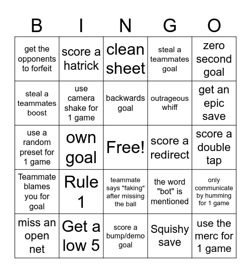 Rocket League Bingo Card