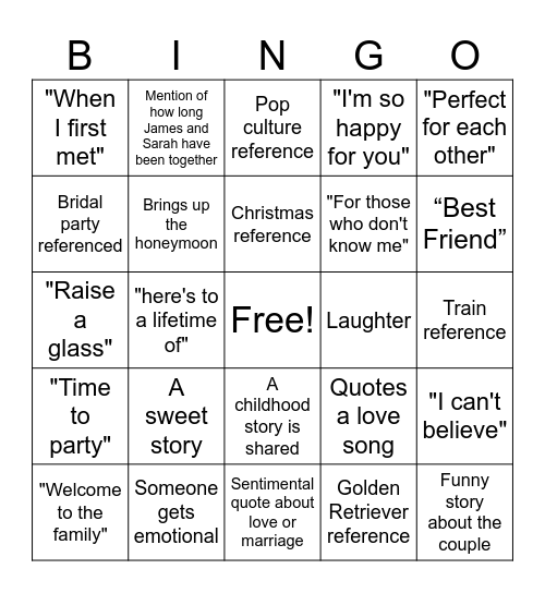 Wedding Speech Bingo Card