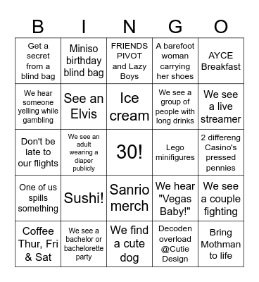 Birthday Vegas Trip Bingo Card