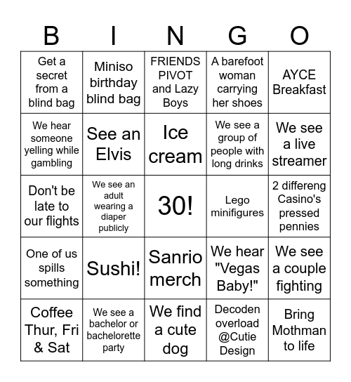 Birthday Vegas Trip Bingo Card