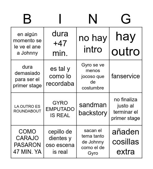 SBR First Ep. Bingo Card