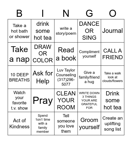 Self-Care Bingo Card