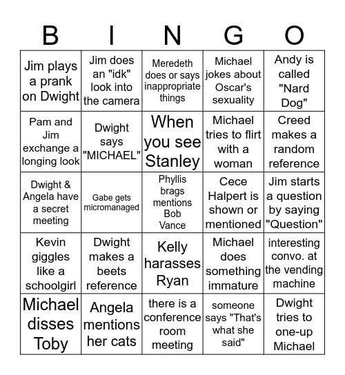 "The Office" Bingo Card