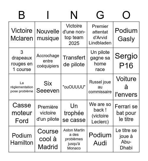 Bingo F1 2026 Bingo Card