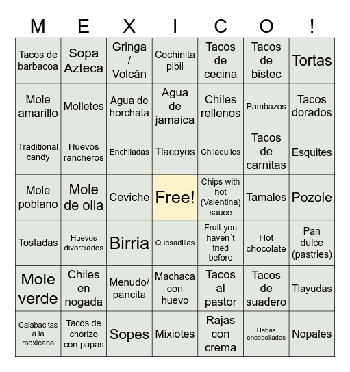 Mexican Food Bingo Card