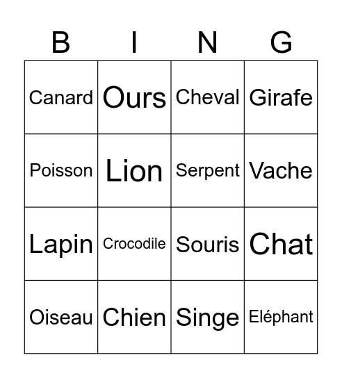 Bingo animaux Bingo Card