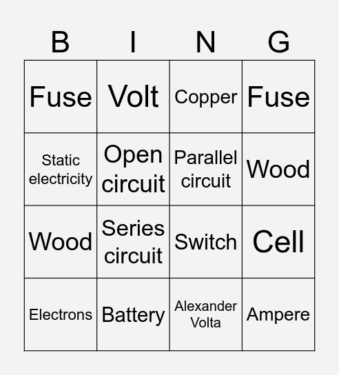 Electricity Bingo Card