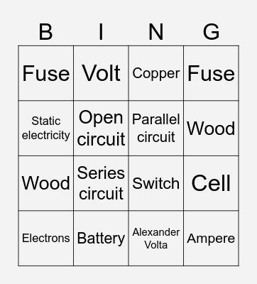 Electricity Bingo Card