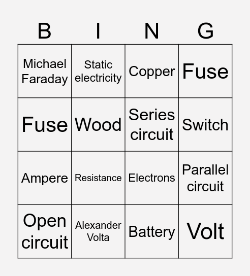 Electricity Bingo Card