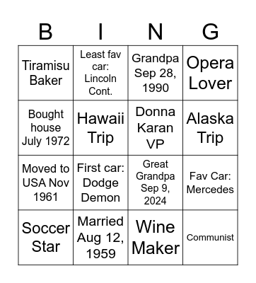 Nonno's 93 Birthday Bingo Card