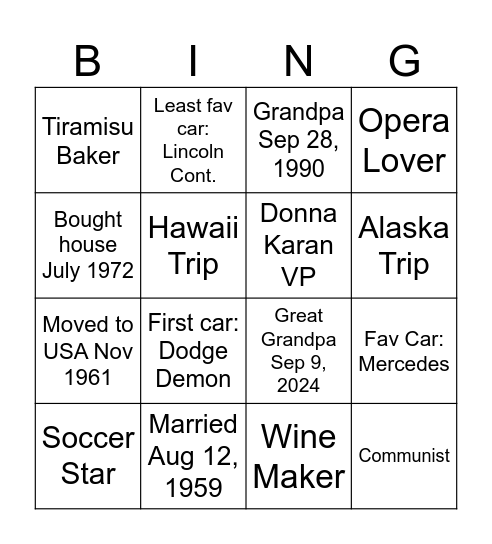Nonno's 93 Birthday Bingo Card