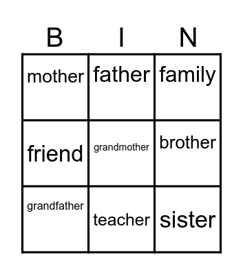 Family Members Bingo Card