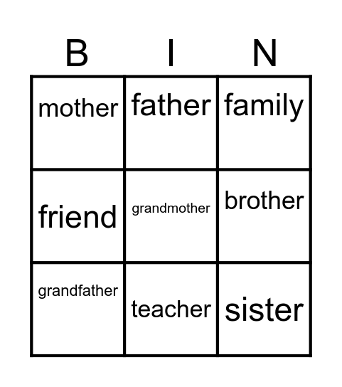Family Members Bingo Card
