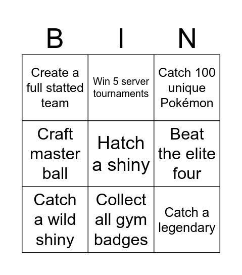 Cobblemon Bingo Sheet Bingo Card