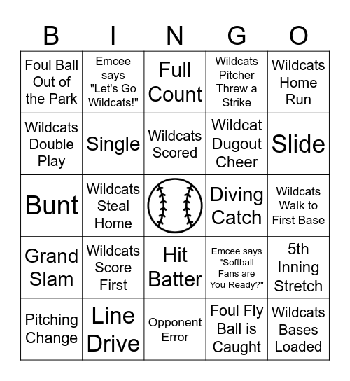 Wildcat Softball BINGO Card