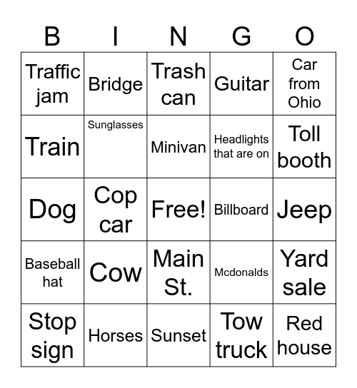 Seen on road trips Bingo Card