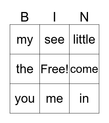 sight words Bingo Card