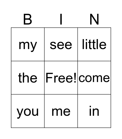 sight words Bingo Card