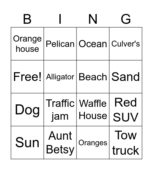 Trip to Aunt Betsys Bingo Card