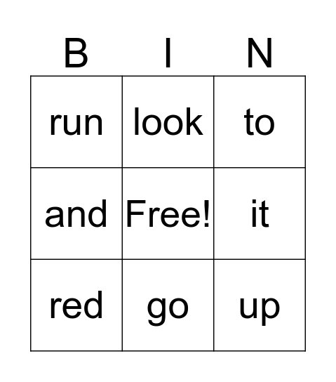 sight words Bingo Card