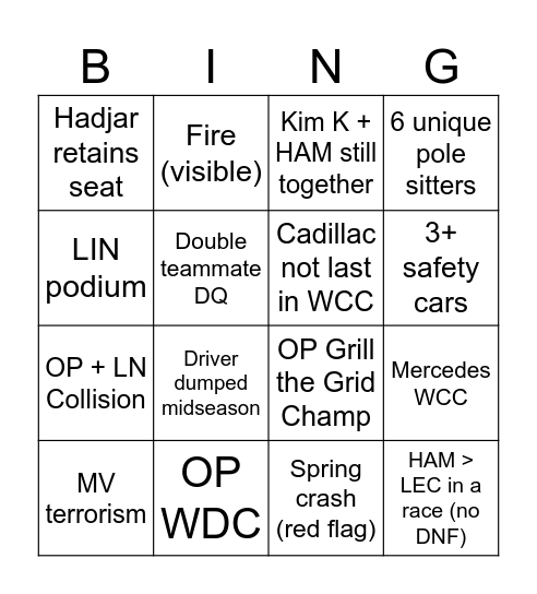 F1 Bingo 2026 Bingo Card