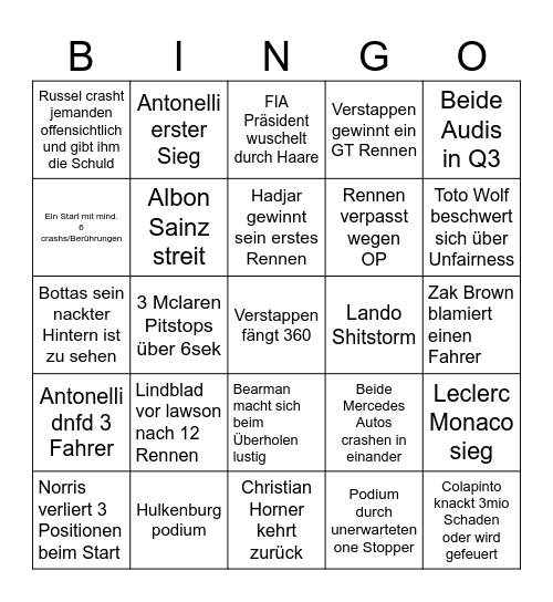 F1 2026 BINGO Card