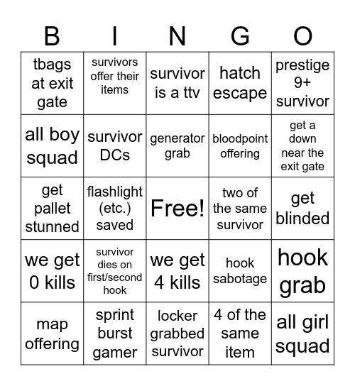 DBD Bingo Card