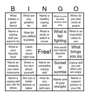 COPING SKILLS Bingo Card