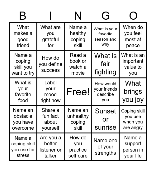 COPING SKILLS Bingo Card