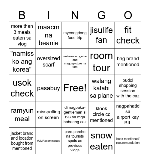 BG Bingo Card