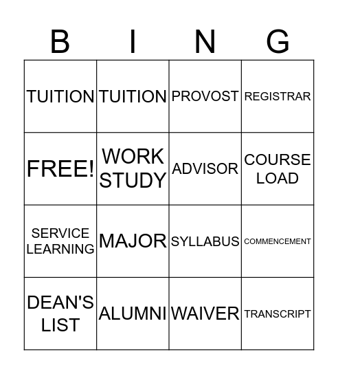 College-Term Bingo Card