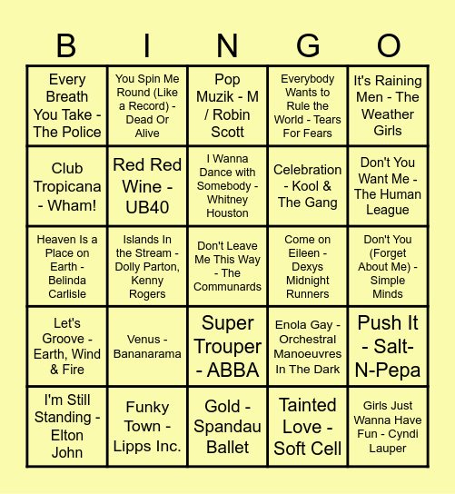 Music Bingo 80s! Bingo Card