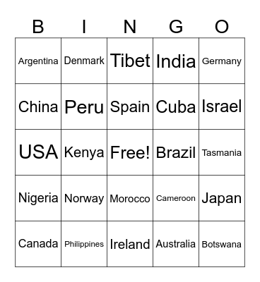 Countries Bingo Card