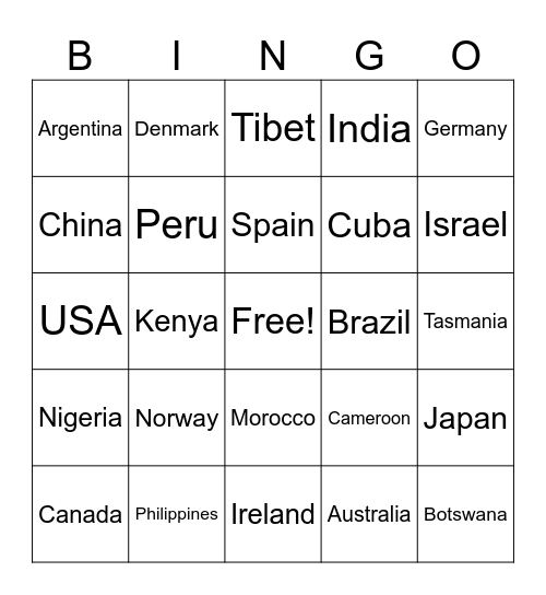 Countries Bingo Card