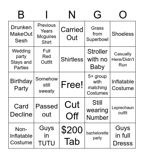McGuire's Run Bingo Card
