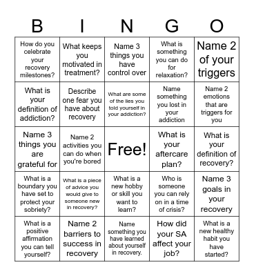 Recovery Bingo 4 Bingo Card