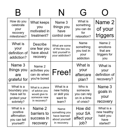 Recovery Bingo 4 Bingo Card