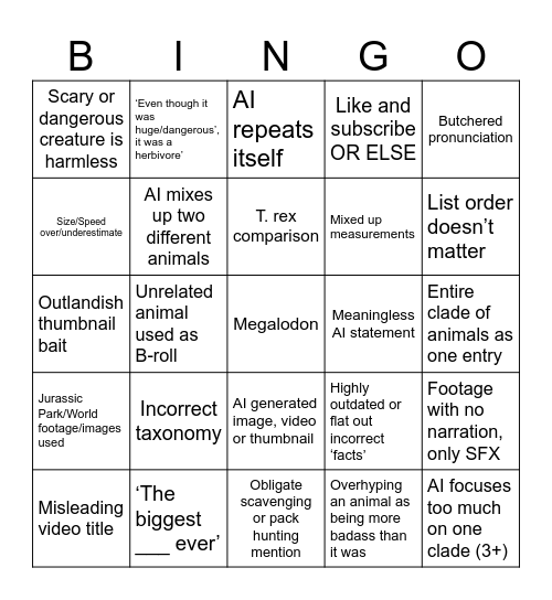 FishStickOnAStick AI Dino Sludge bingo board, as of 7/3/26 Bingo Card