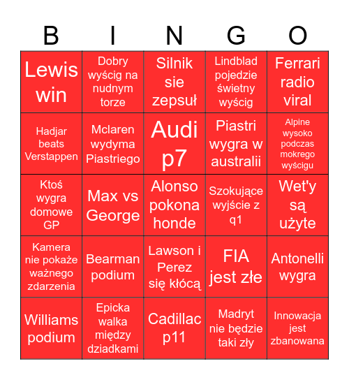 f1 2026 Bingo Card