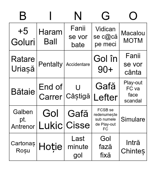 U vs Play-out FC Bingo Card
