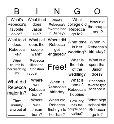 Rebecca and Jason's Wedding Bingo Card