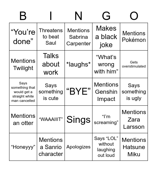 Tay Bingo Card